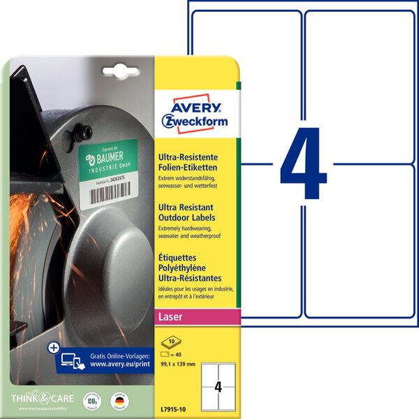 Image ZWECKFORM Avery-Etiketten (A4) 99.1 mm x 139 mm Folie, matt Weiß 40 St. Permane