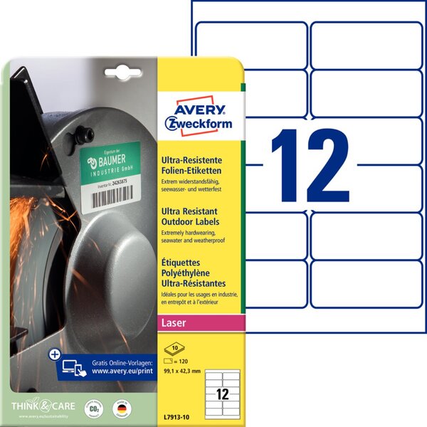Image ZWECKFORM Avery-Etiketten (A4) 99.1 mm x 42.3 mm Folie, matt Weiß 120 St. Perma