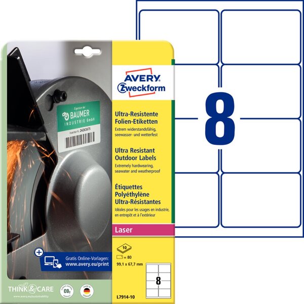 Image ZWECKFORM Avery-Etiketten (A4) 99.1 mm x 67.7 mm Folie, matt Weiß 80 St. Perman