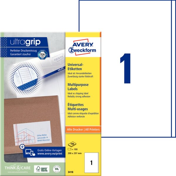 Image ZWECKFORM Avery - Etiketten - weiß - A4 (210 x 297 mm) - 100 Stck. (100 Bogen x