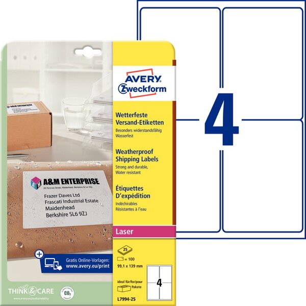 Image ZWECKFORM Avery L7994 - Permanente selbstklebende wetterfeste Versandetiketten 