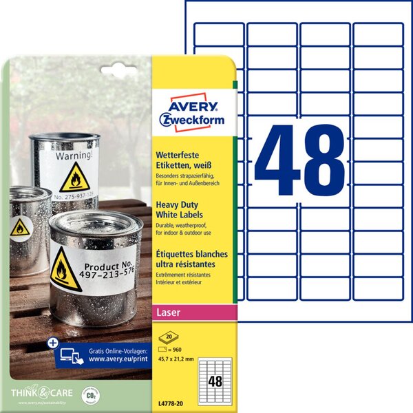 Image ZWECKFORM Avery Zweckform 45,7 x 21,2 mm Etiketten A4, 960 Stück