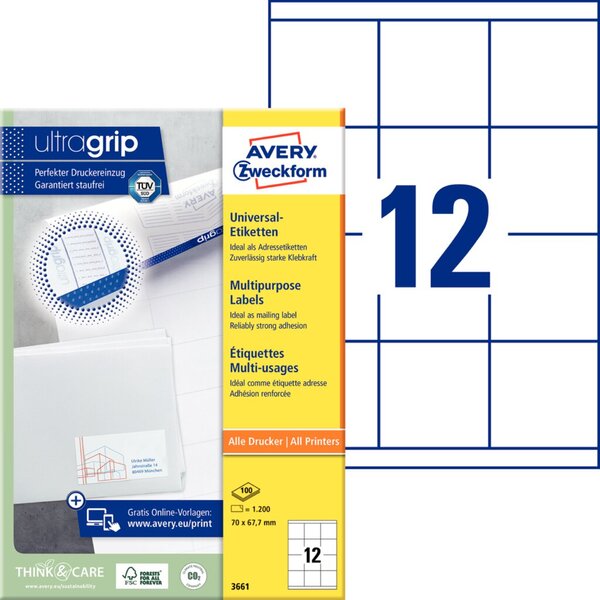 Image ZWECKFORM Avery Zweckform Etiketten, weiß 70,0 x 67,7mm 1200 Stück