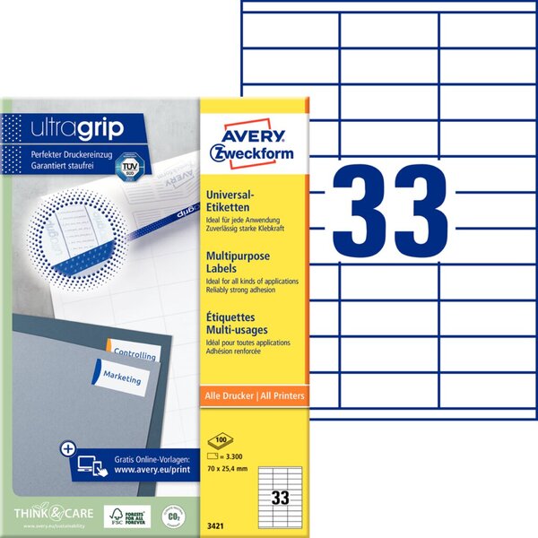 Image ZWECKFORM Avery Zweckform Etiketten, weiß 70,0 x 25,4mm 3300 Stück