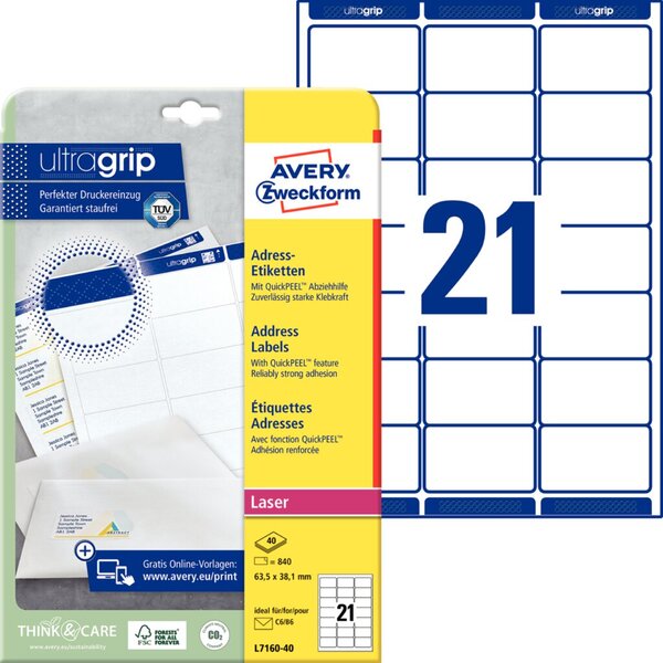 Image ZWECKFORM Avery Zweckform Laser+ Etiketten 63.5x38.1mm