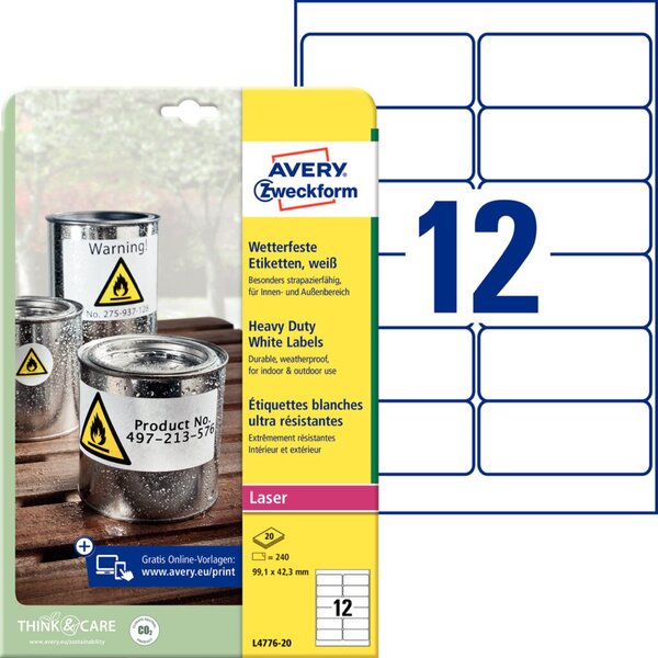 Image ZWECKFORM Avery wetterfeste Folien-Etiketten L4776-20, 99,1 x 42,3 mm, 240 Etik