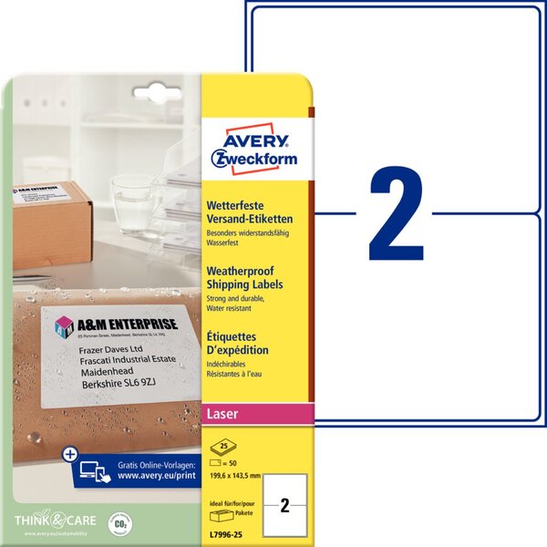 Image ZWECKFORM Versand-Etiketten L7996-25 199.6 x 143.5 mm Polyester-Folie Weiß 50 S