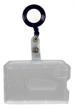 Image Kartenhalter / Cardholder / Namensschild, passend für 1 Karte, mit Daumenaussparung, mit Ründlöchern und Langloch, aus Polykarbonat, inkl. Jojo Ausweishalter mit Runder Form und Druckknopfschlaufe, Farbe: transparent matt/schwarz- 20 Stück