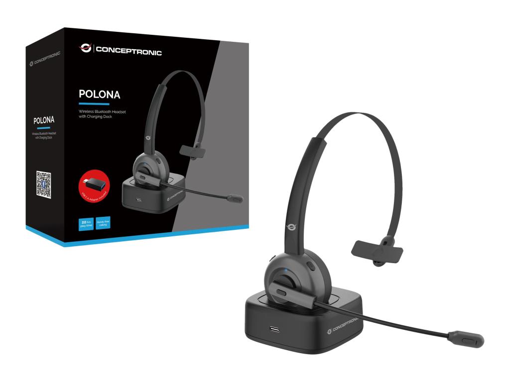 Image CONCEPTRONIC Headset Wireless Bluetooth mit Ladestation   sw