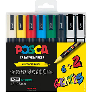 8 uni-ball POSCA PC-5M Acrylstift farbsortiert 1,8 - 2,5 mm