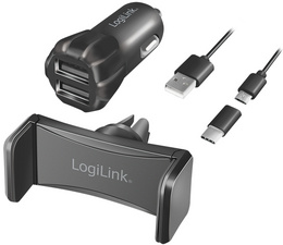 LOGILINK USB-KFZ-Ladegerät und Smartphone-Halter, schwarz Universal-Smartphone-