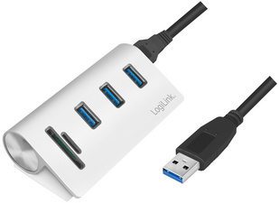 LOGILINK USB HUB 3.0, 3-Port, mit Kartenleser, ALU, silber