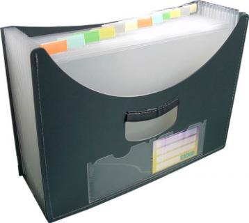 EXXO by HFP Fächertasche / Aktentasche / Sammeltasche, passend für A4 Unterlagen, 12 Fächer, aus PP, dehnbar bis 30cm, mit Klarsicht-Taben, genähten Kanten und Namensschildhaltern, Farbe: schwarz – 1 Stück