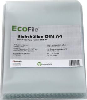 Sichthüllen / Aktenhüllen A4 nachhaltig, Recycling PP 100 my, mit Daumenaussparung, oben und seitlich offen, Farbe: transparent genarbt - 100 Stück
