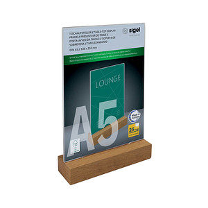 sigel Tischaufsteller mit Holzsockel, Acryl, DIN A5, gerade
