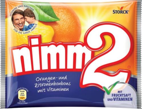 Nimm 2 BonBon, 240 g, mit Orange und Zirtone gefüllte Fruchtbonbons