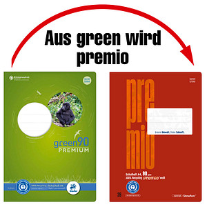 Green Schulheft Lin28, A4, 16 Blatt 90 g/qm, 5 mm, kariert, mit Rand links