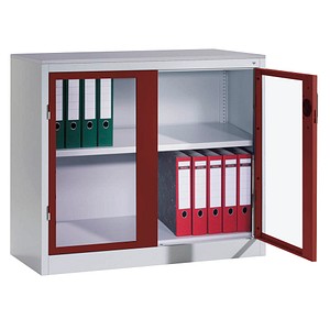 CP Stahlschrank 8821-055/1050-80 lichtgrau, rubinrot, Acrylglas 93,0 x 50,0 x 100,0 cm, aufgebaut