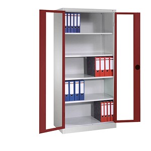 CP Stahlschrank 8920-055/1040-80 lichtgrau, rubinrot, Acrylglas 93,0 x 40,0 x 195,0 cm, aufgebaut