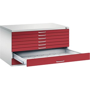 CP 7200 Planschrank lichtgrau, rubinrot 8 Schubladen 135,0 x 96,0 x 76,0 cm