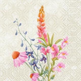 DUNI Zelltuch-Servietten 33 x 33 cm, 3-lagi, 1/4 Falz, 50 Stück/Pack | mit Motiv Floret Lunch-Serviette mit Frühlingsmotiv: Lupine, Löwenmaul und Rittersporn