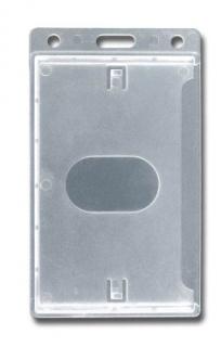 Kartenhalter / Cardholder / Namensschild,passend für 1 Karte, vertikal tragbar, mit Daumenaussparung, mit Rundlöchern und Langloch, aus Polykarbonat, Farbe: transparent matt -10 Stück