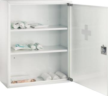 Erste-Hilfe-Verbandsschrank aus Stahl, weiß lackiert, Glastür mit
