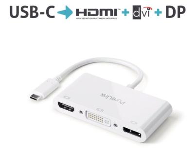 Adapter USB-C auf Multiport, weiß, DVI mit FullHD, DP mit 4K60Hz, 0,10 m,
