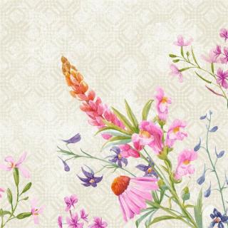 DUNI Klassik-Servietten 40 x 40 cm, 4-lagig, 1/4 Falz, 50 Stück/Pack | mit Motiv Floret Frühlingsmotiv: Lupine, Löwenmaul und Rittersporn