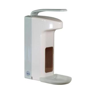 Armhebelspender für 1000-ml-Flaschen, Farbe weiß/graumit Auffangschale/Tropfschale, Gehäuse und Armhebel aus Kunststoff, geschlossenes System