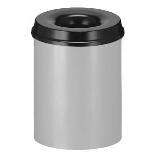 Abfallbehälter, feuerlöschender/selbstlöschender Papierkorb rund, geschlossen, aus Metall | 15 Liter aluminiumfarben mit schwarzem Deckel, löscht selbständig brennenden Abfall 