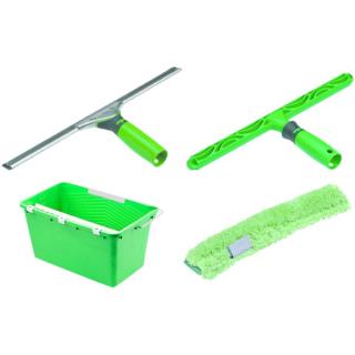 Glasreinigungsset | AK013 1 x Wischer 35 cm, 1 x Trägerteil 35 cm, 1 x MicroStrip Bezug 35 cm, 1 x Eimer 18 Liter