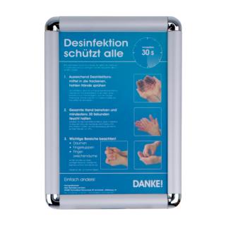 Klapprahmen CLASSIC DIN A4 | 25 mm Profil, mit Desinfektionsanleitung zur richtigen Händedesinfektion Ecken: RONDO (abgerundet), passend für Mobile Desinfektionsstation