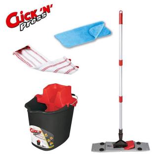 Bodenreinigungsset "CLICK 'N' PRESS" inklusive  Wischeimer mit Presseneinsatz und Schmutzwasserbehälter, Mopphalter, Moppbezug, Magnetstaubtuch und höhenverstellbaren Teleskopstiel