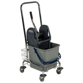 Einfach-Fahrwagen verchromt | 1 x 27 Liter Reinigungswagen mit 1 x 27-Liter-Eimer, Ablagekorb, Presse, Schubbügel
