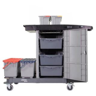 Systemwagen "Matrix-Box" | 4 x 5 Liter Reinigungswagen verschließbar, komplett mit 4 x 5 Liter Eimer, 2 x Mopp-Box, 1 x seitliche Ablage für Mopp, Wäsche-/Müllsack mit Reißverschluss, 3 x Ablagewanne, 1 x Ablagegitter