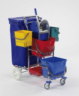 Systemwagen "SW 20 Plus" Doppelfahrwagen verchromt | 2 x 17 Liter Stufenwagen mit 2 großen Kunststoffrädern hinten, 2 x 17-Liter-Eimer, 2 x 6-Liter-Eimer, Presse, Ablageschale, Abfalleinheit für 120-Liter-Müllsack