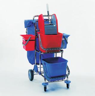 Systemwagen/Doppel-Fahrwagen/Stufenwagen "ChromCAR AT 4" verchromt | 2 x 15 Liter Reinigungswagen komplett mit Eimer, Presse und Abfalleinheit