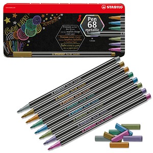 STABILO Fasermaler Pen 68 metallic, 8er Metall-Etui geruchsneutrale Tinte auf W