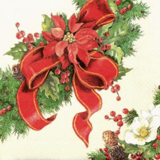 HOME FASHION Servietten 25 x 25 cm, 3-lagig, 1/4 Falz, 20 Stück/Pack | mit Motiv " Weihnachtsstern"  Cocktail-Serviette mit Weihnachtsmotiv Weihnachtsstern, rote Schleife und Tannengrün 