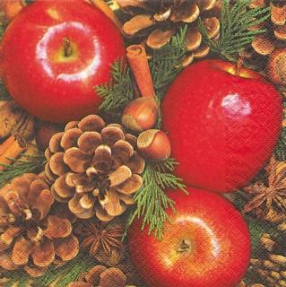 HOME FASHION Zelltuch-Servietten 33 x 33 cm, 3-lagig, 1/4 Falz, 20 Stück/Pack | mit Motiv "Apple with Nuts" Lunch Servietten "Äpfel mit Nüssen und Zapfen"
