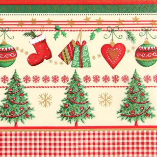 HOME FASHION Zelltuch-Servietten 33 x 33 cm, 3-lagig, 1/4 Falz, 20 Stück/Pack | mit Motiv Tradition Christmas Lunchserviette mit Weihnachtsmotiv Traditionelles Weihnachtsmotiv Weihnachtskugeln, Nikolausstiefel, Weihnachtsbaum, Tannenbaum, Geschenke