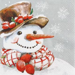 HOME FASHION Zelltuch-Servietten 33 x 33 cm, 3-lagig, 1/4 Falz, 20 Stück/Pack | mit Motiv "Frosty"Lunchserviette mit Wintermotiv Schneemann mit Hagebutten