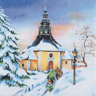 HOME FASHION Zelltuch-Servietten 33 x 33 cm, 3-lagig, 1/4 Falz, 20 Stück/Pack | mit Motiv "Seiffener Sunset" Lunch Serviette mit Winter/Weihnachtsmotiv Kirche in Seiffen beim Sonnenuntergang