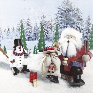 HOME FASHION Zelltuch-Servietten 33 x 33 cm, 3-lagig, 1/4 Falz, 20 Stück/Pack | mit Motiv "Rachermanneln" Lunch Serviette mit Winter/Weihnachtsmotiv Räuchermänner Weihnachtsmann und Schneemann