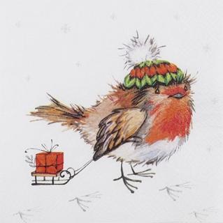 HOME FASHION Zelltuch-Servietten 33 x 33 cm, 3-lagig, 1/4 Falz, 20 Stück/Pack | mit Motiv "Finn and his Sled" Lunch Serviette mit Winter/Weihnachtsmotiv Vogel mit Mütze und Schlitten