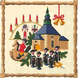 HOME FASHION Zelltuch-Servietten 33 x 33 cm, 3-lagig, 1/4 Falz, 20 Stück/Pack | mit Motiv "Seiffen" Lunch Serviette mit Weihnachtsmotiv der erzgebirgischen Volkskunst Kirche Seiffen und Kurrente, Erzgebirge