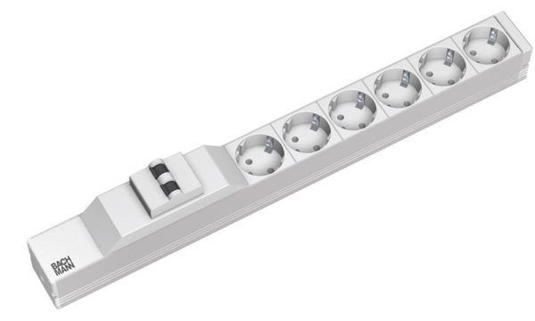 19" Steckdosenleiste, 6-fach, mit FI-Schutzschalter, hellgrau RAL 7035