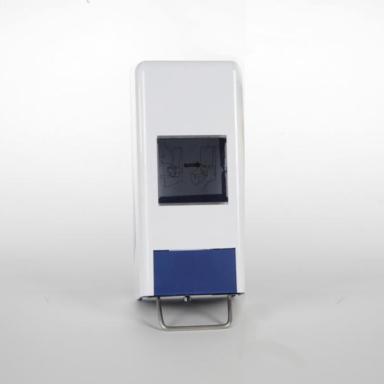 1er-System-Spender: Softflaschenspender/Universalspender geschlossen | weiß/blau <br>für 1000/2000 ml Softflaschen/Faltflaschen mit Hautschutz-, Hautreinigungs- oder Hautpflegemittel