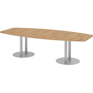 HAMMERBACHER Konferenztisch KT28S asteiche Tonnenform, Rundrohr silber, 280,0 x 85,0 - 130,0 x 74,0 cm